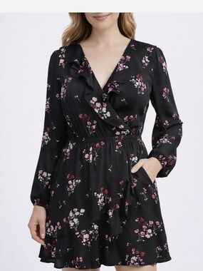 Express Black Floral Long Sleeve Romper Dress with Pink & White Blossoms